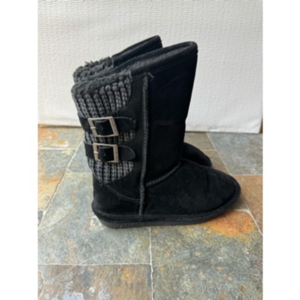 Bearpaw Girls Boshie Shearling Style Boots Suede Black Lined Pull On Round Toe 2